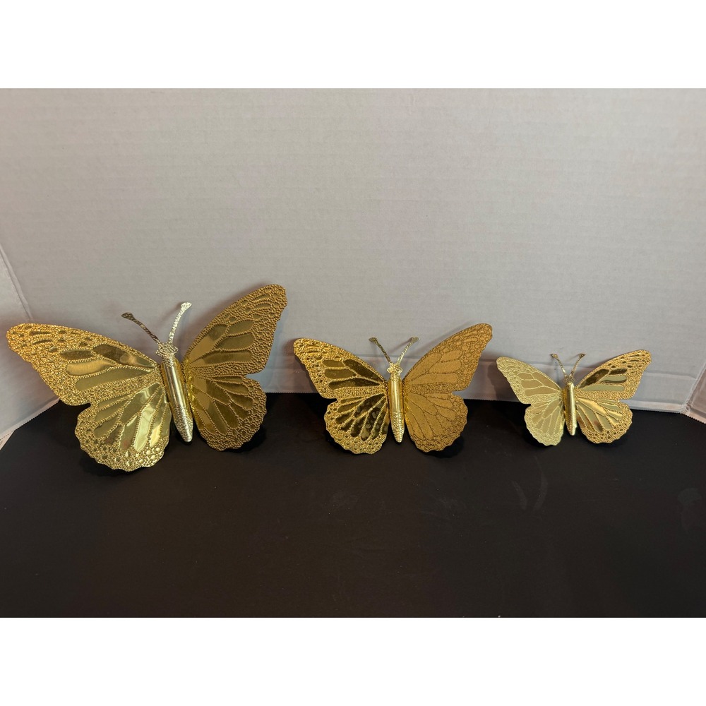 Vintage Brass HOMCO Butterfly Wall Decor Set of 3 Gold Metal MCM Art
